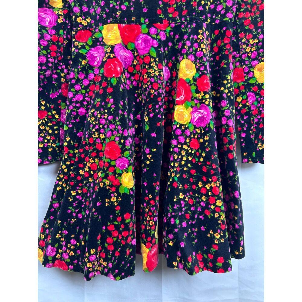 Vintage 70s Orphee Paris Floral Velvet Mini Dress XS Black French Mod Psych - Picture 9 of 16